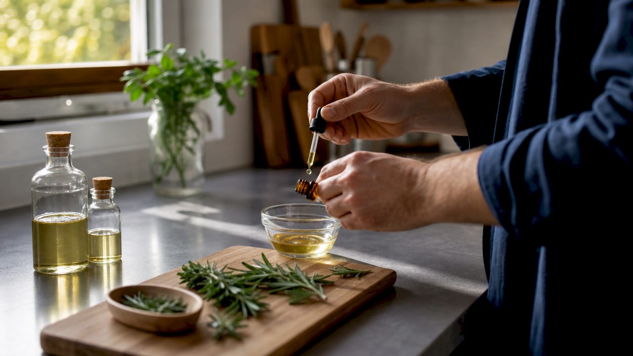 Hands mixing rosemary essential oil with carrier oil