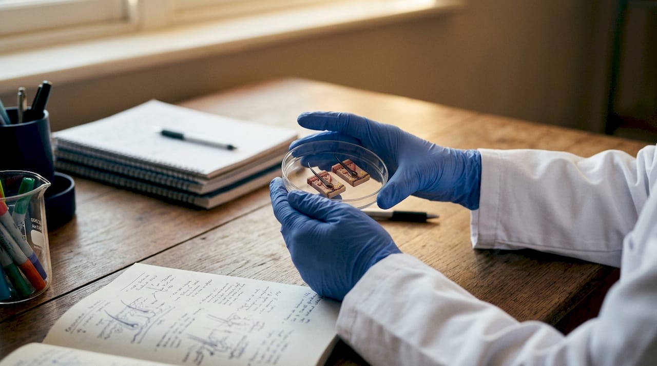 Researcher holding petri dish with hair follicle models overhead