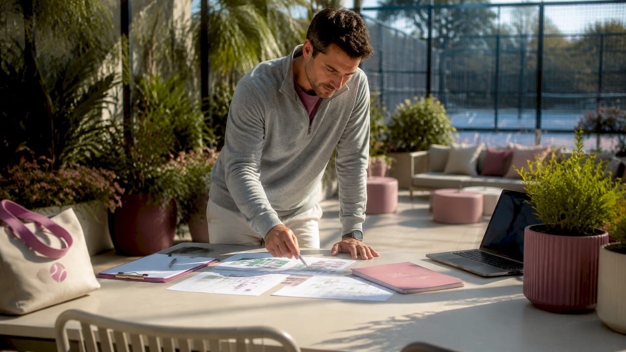 Club manager using digital platform at tennis club office