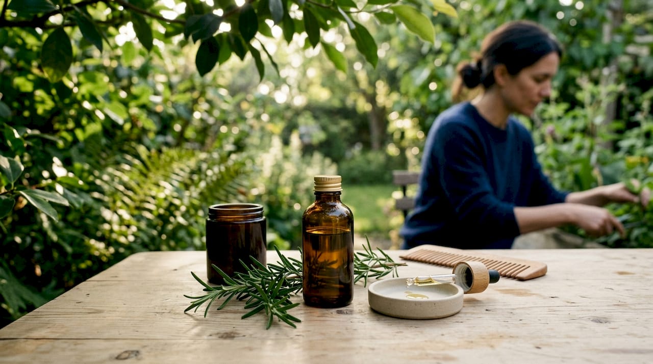 Rosemary oil and fresh rosemary on wooden table