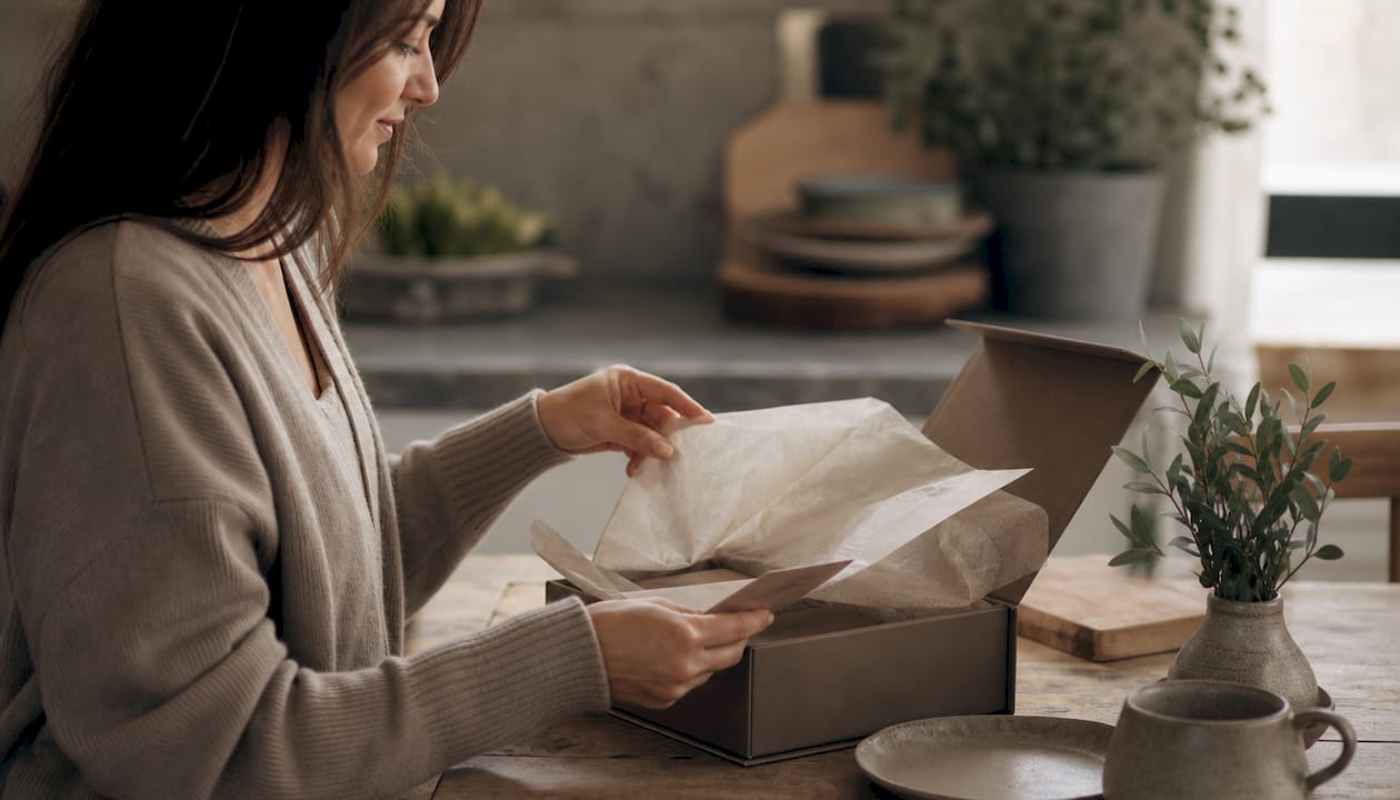 Hands unboxing custom branded packaging