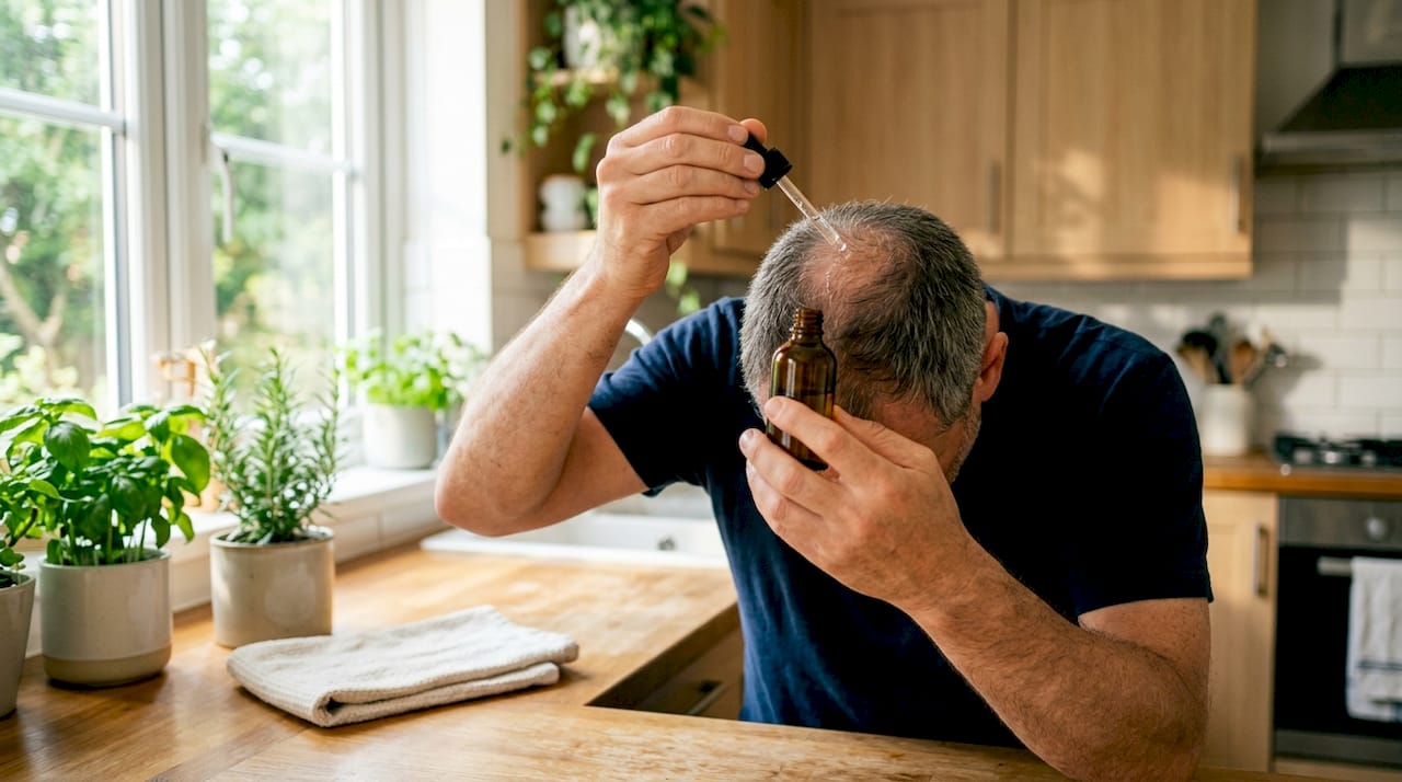 Man applying hair serum treatment at home