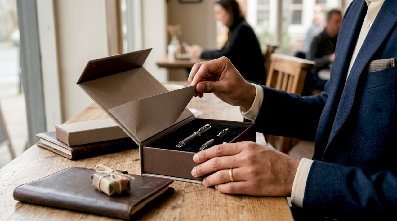Hands unboxing premium personalized corporate gift