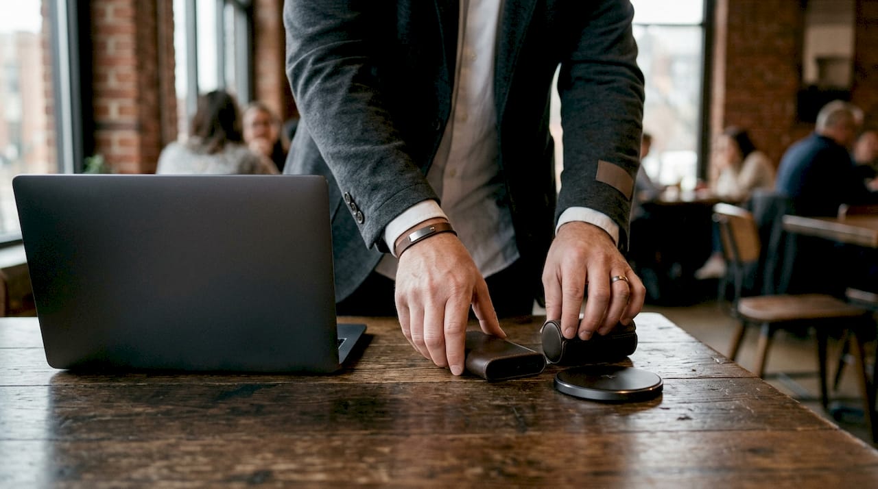 Hands arranging premium tech promotional gifts on desk