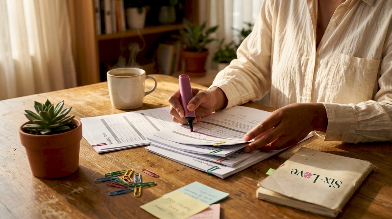 Hands sorting and highlighting booking documents