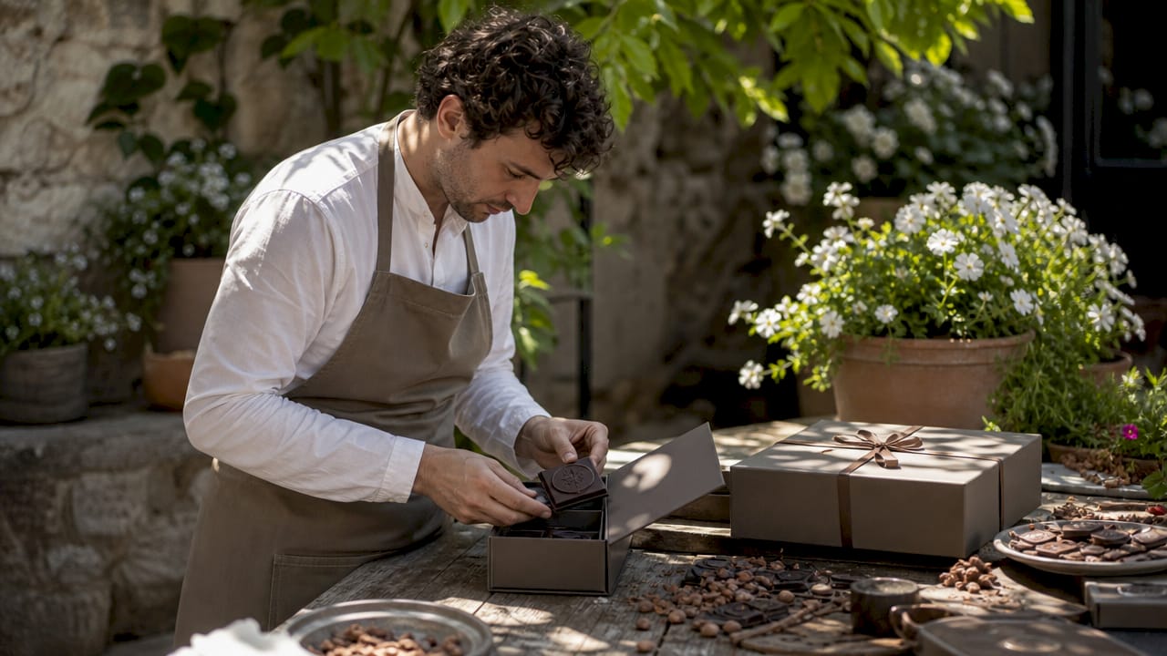 Chocolatier packing custom branded chocolate pieces