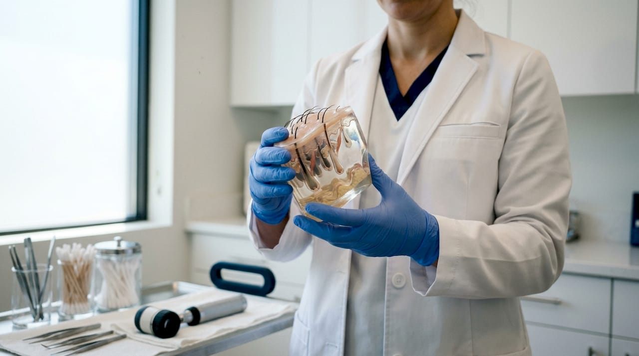 Dermatologist’s hands holding scalp model showing miniaturization