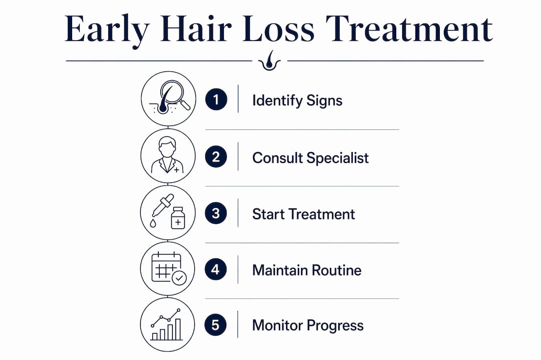Infographic showing early hair loss treatment steps