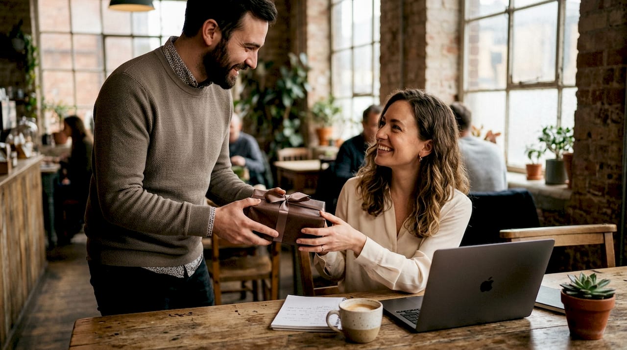 Employee happily receiving chocolate gift at office desk
