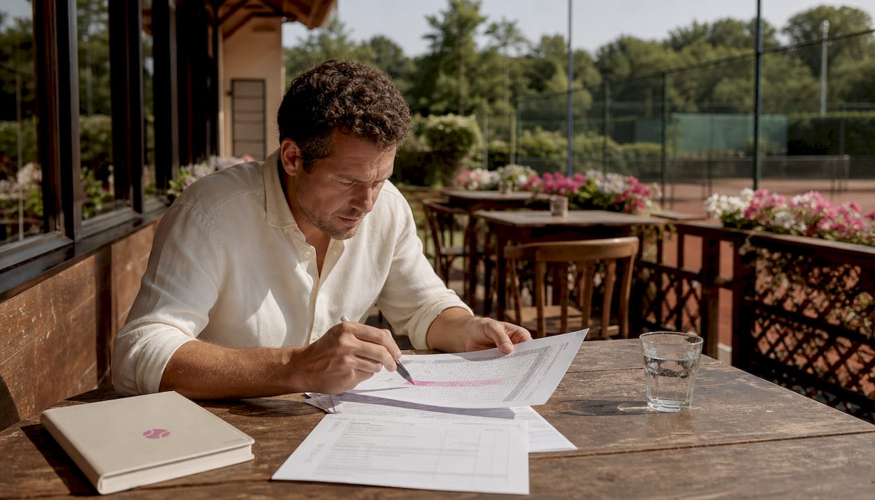 Club manager reviewing court booking history printout