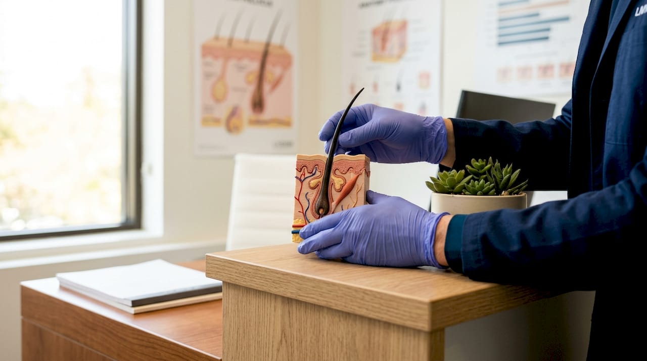 Close-up of hair follicle 3D anatomical model in clinic