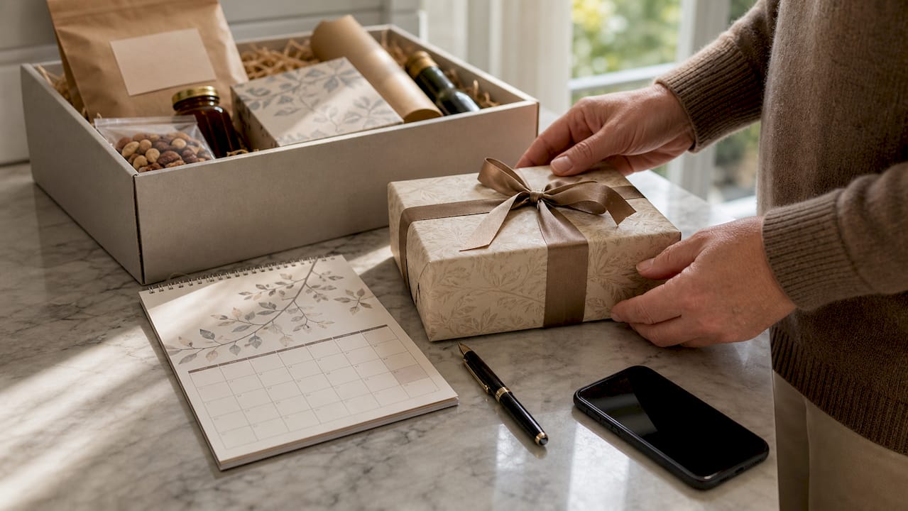 Hands arranging assorted client gifts and planner