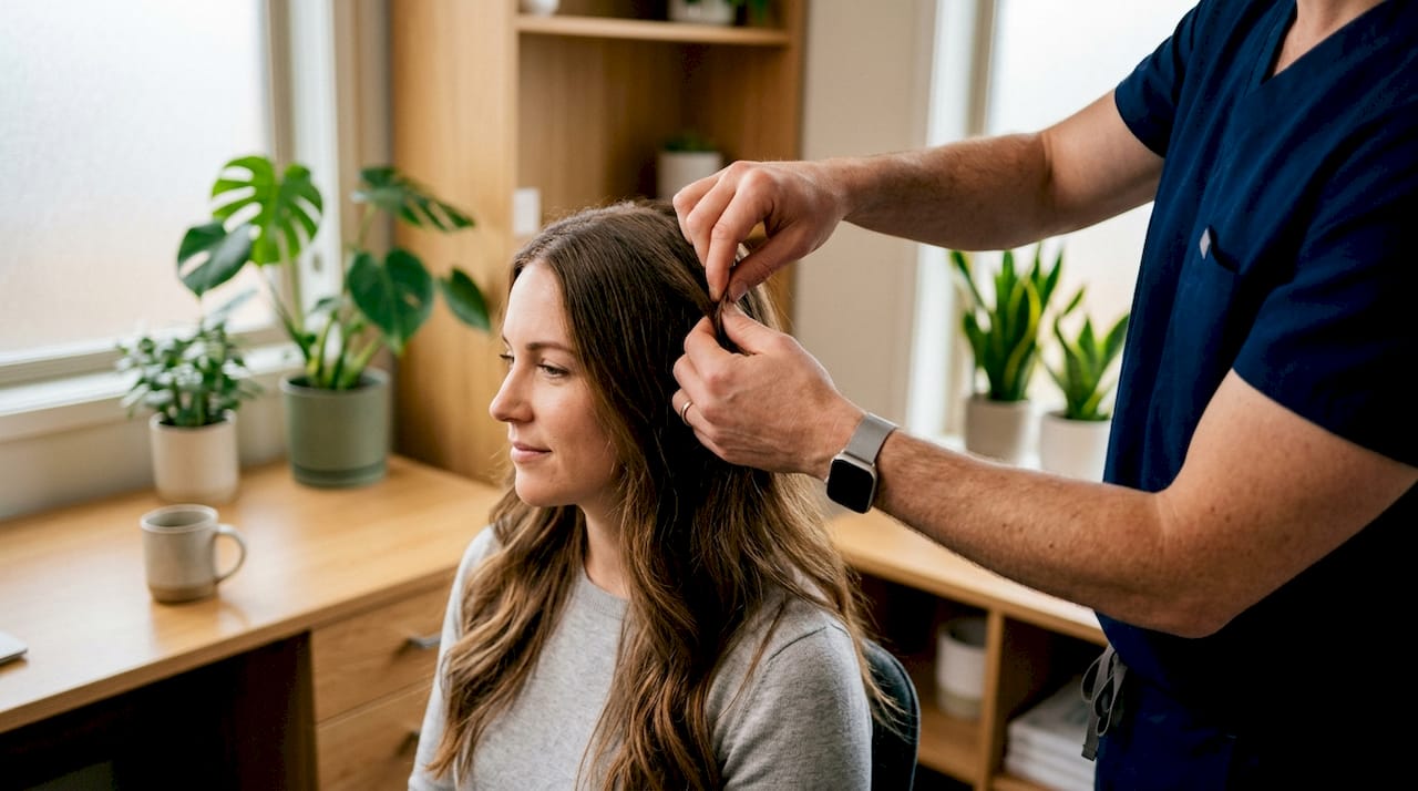 Clinician performing hair pull test on patient