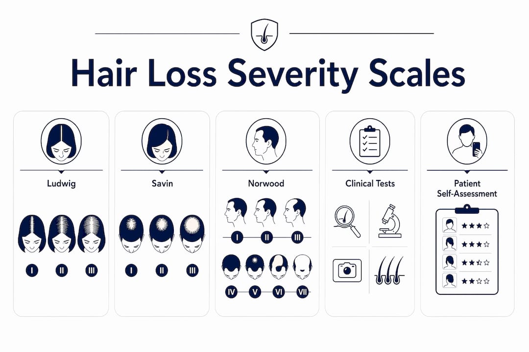 Infographic showing female hair loss severity scales hierarchy