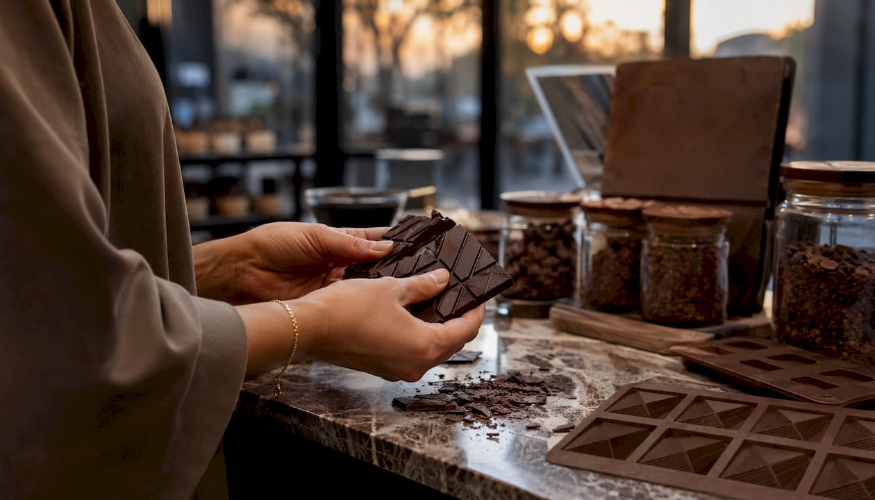 Hands breaking glossy premium chocolate bar