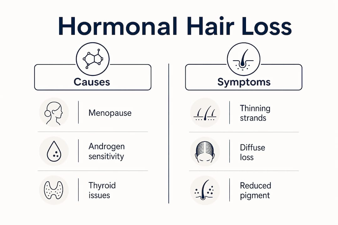 Infographic comparing causes and symptoms of hormonal hair loss