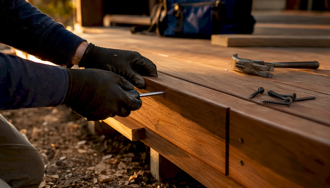 Close-up hands fixing timber decking fascia