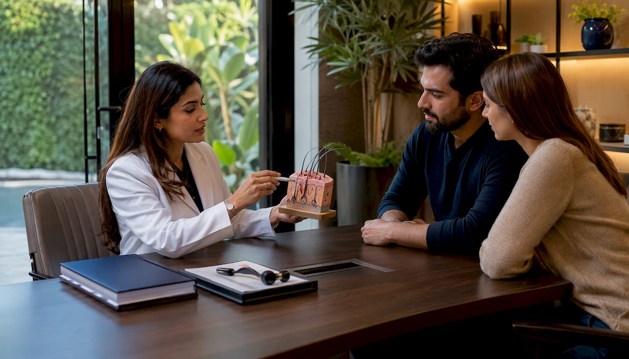 Clinician explaining hair restoration options to couple