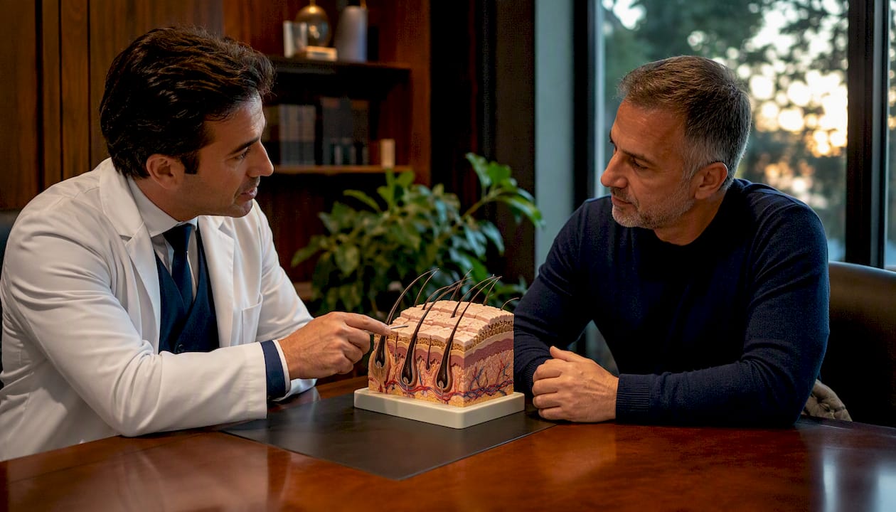 Doctor consulting patient about hairline causes