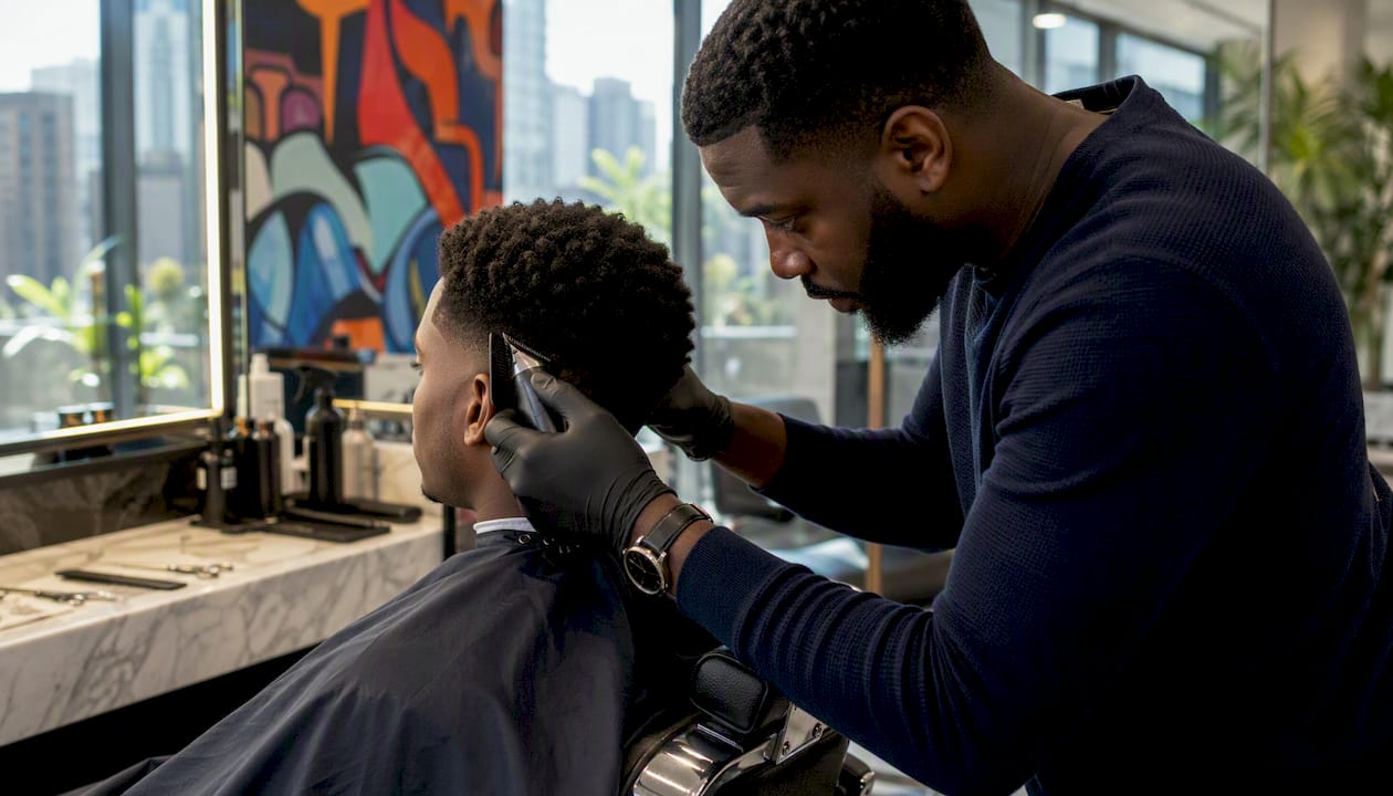 Hairstylist trimming client hairline in salon