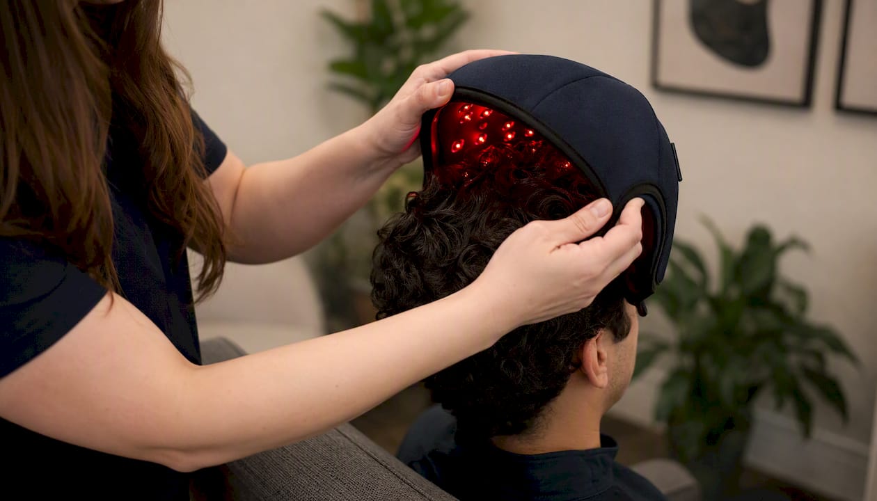Applying LLLT laser hair therapy device