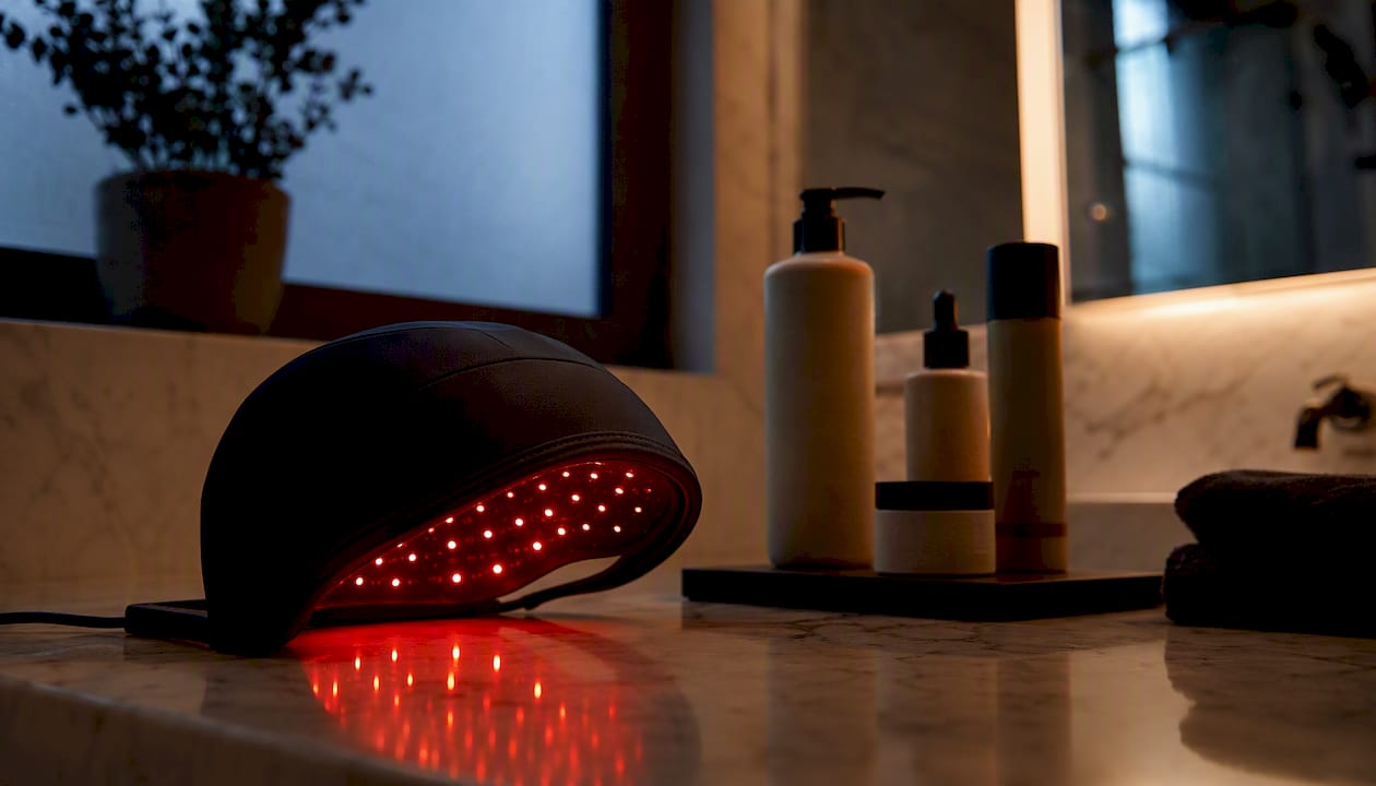 Laser therapy cap detail on bathroom counter