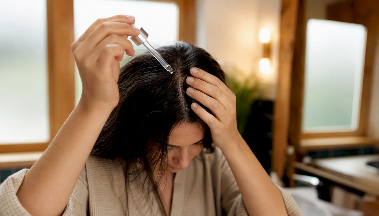 Fingertips applying hair growth serum