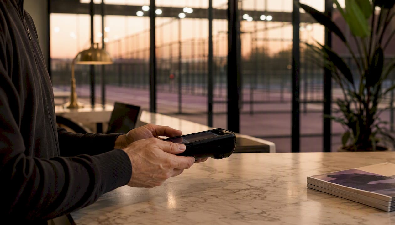 Hands holding payment terminal at club reception