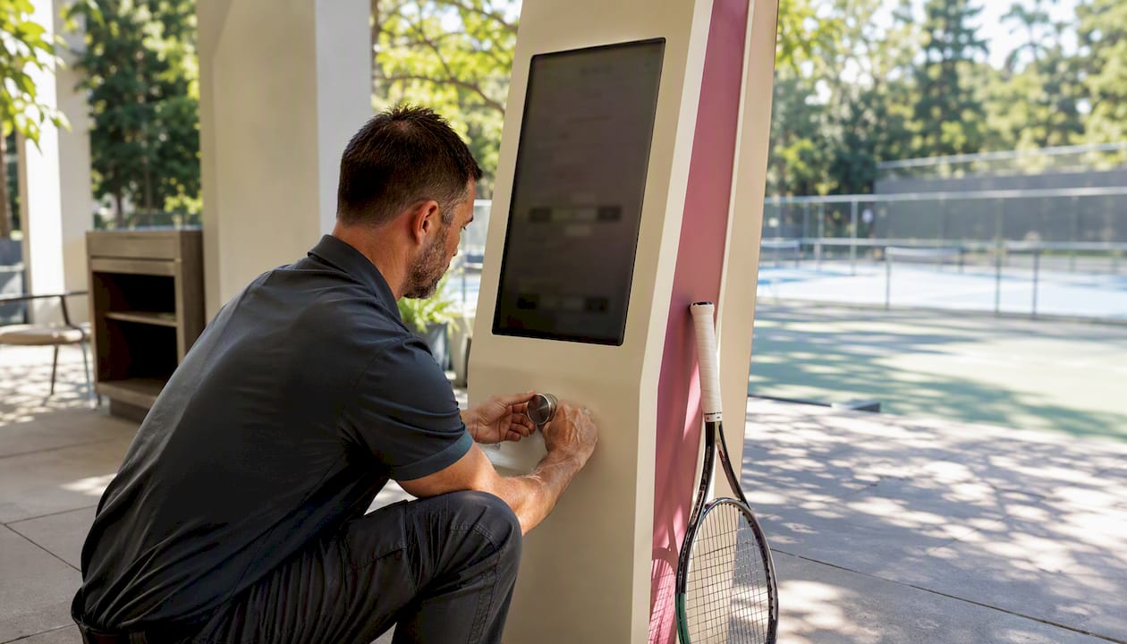 Hands adjusting racquet club court scheduler panel