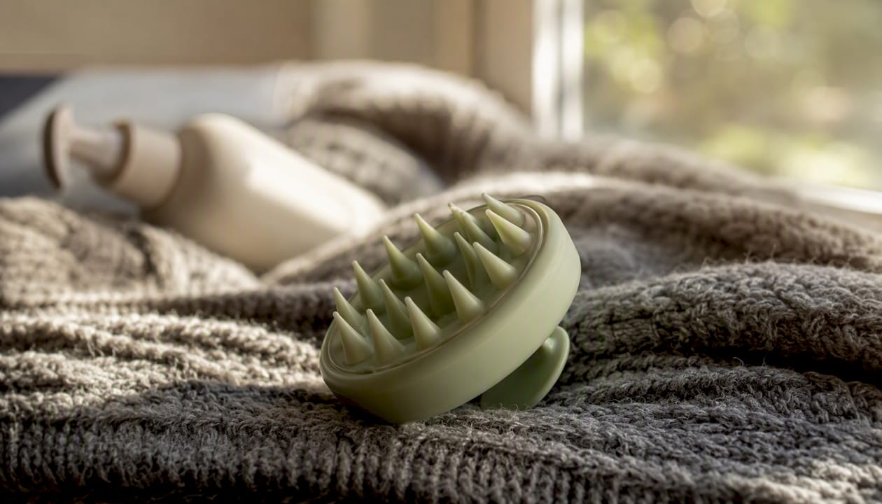 Scalp brush and blurred shampoo bottle on towel