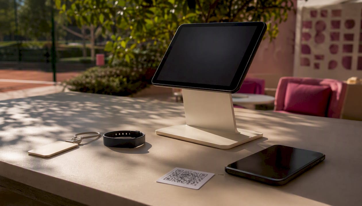 Check-in devices and badges displayed on table