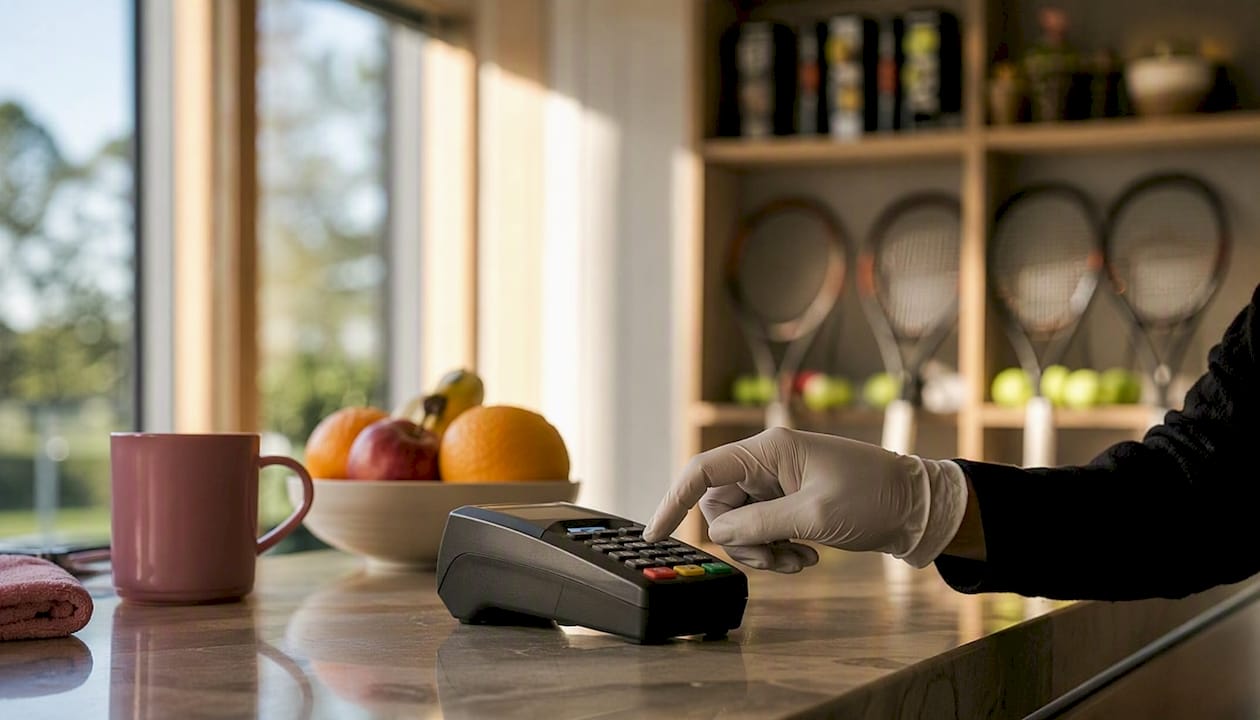 Hand pressing keys on payment terminal