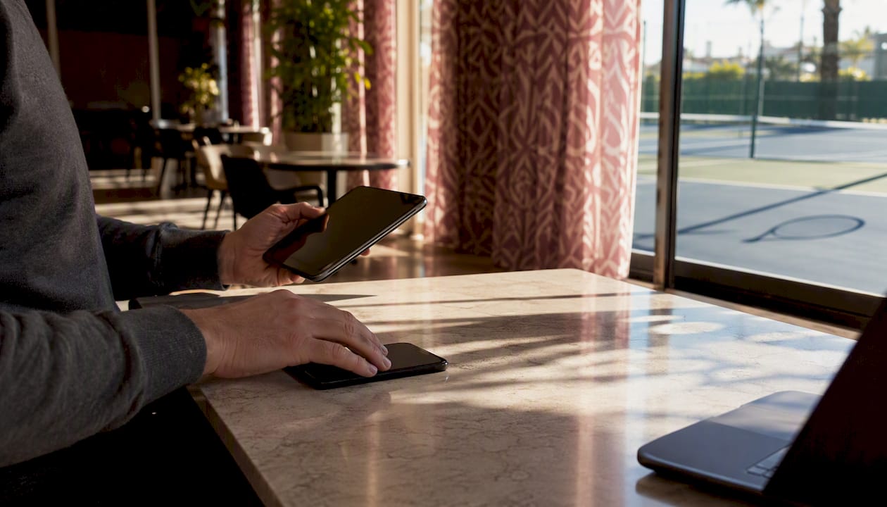 Hands arranging calendar and phone on desk