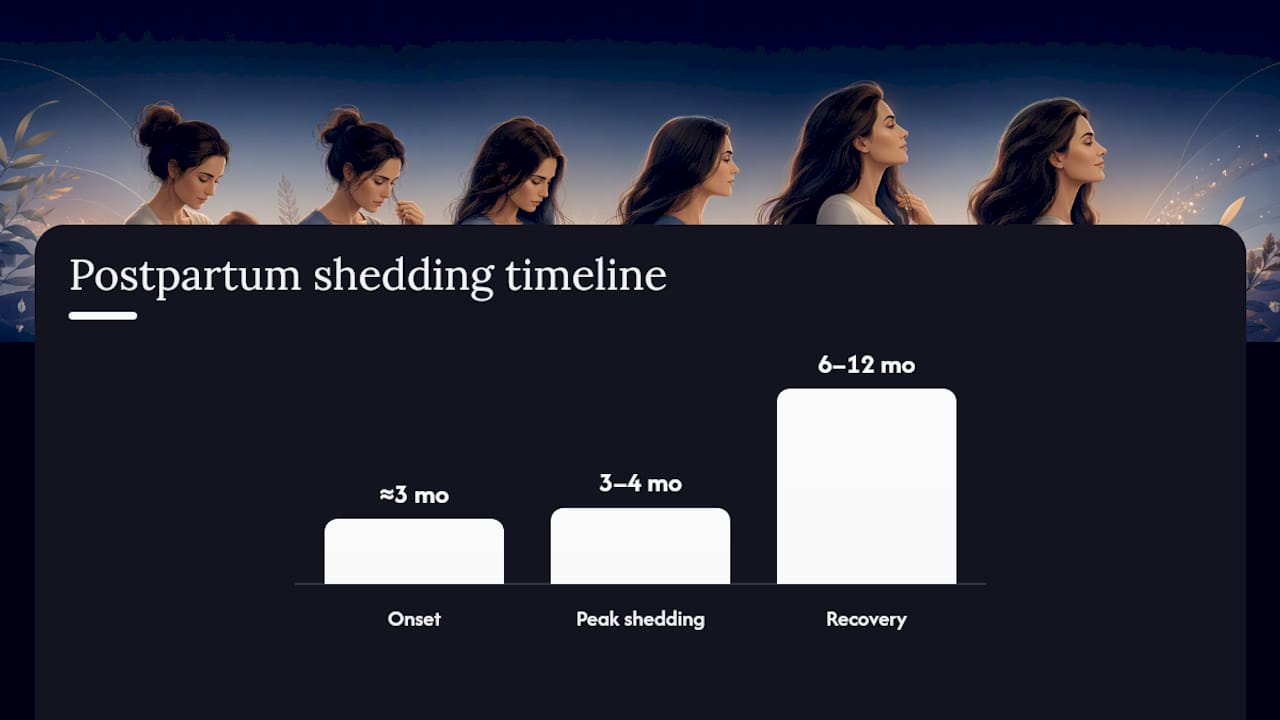 Diagram of postpartum hair loss timeline and care factors