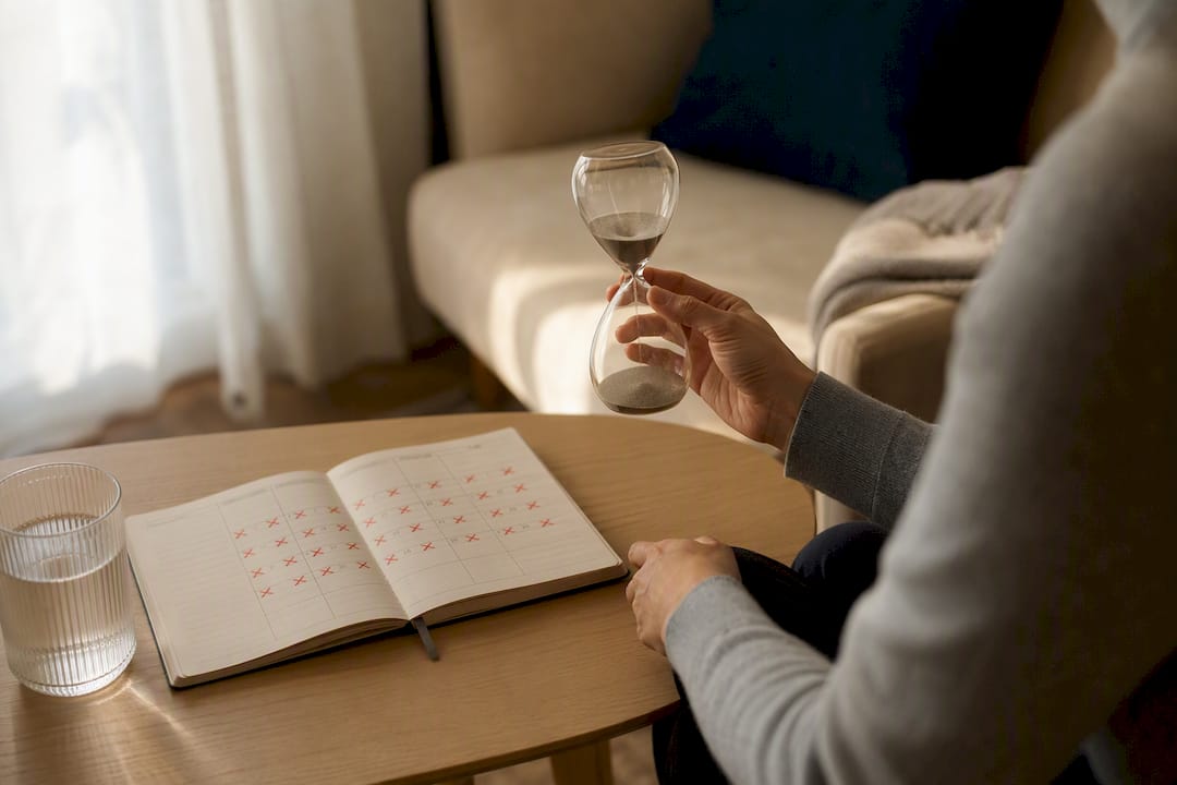 Hand holding timer next to calendar with therapy schedule