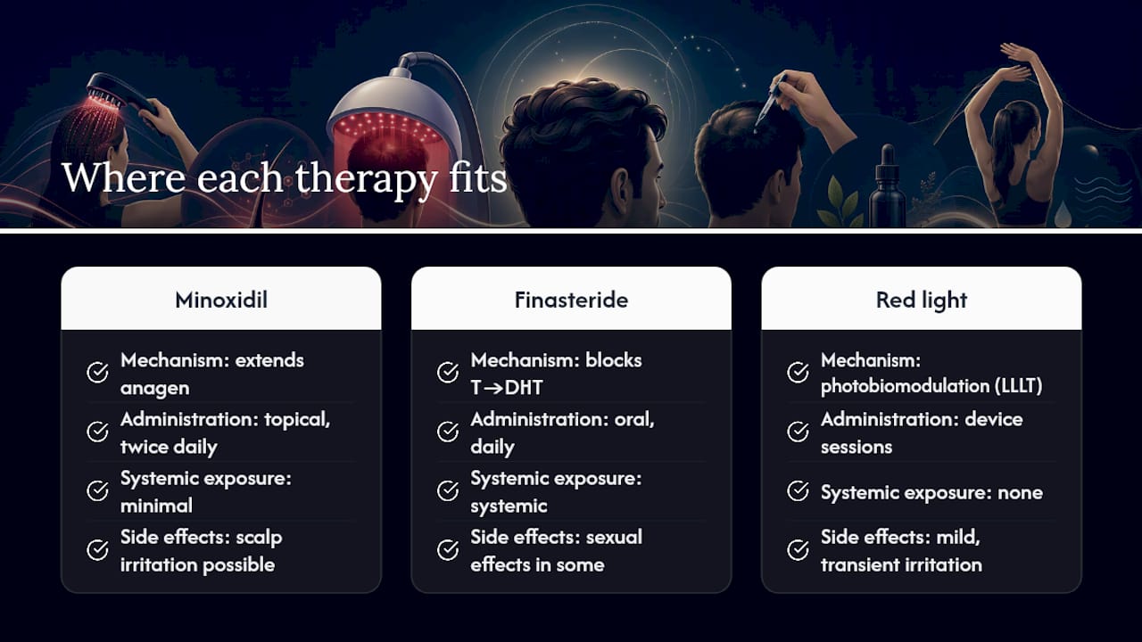 Where red light fits against minoxidil and finasteride — overview diagram