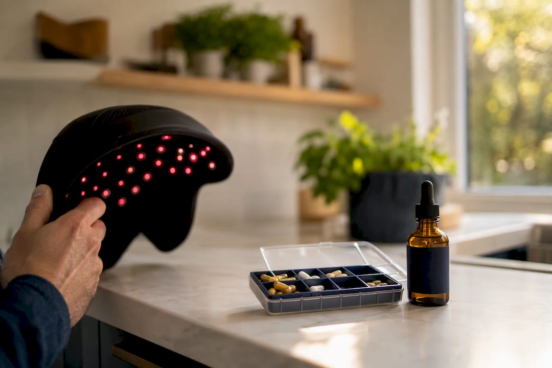 Hand holding laser therapy cap near supplements