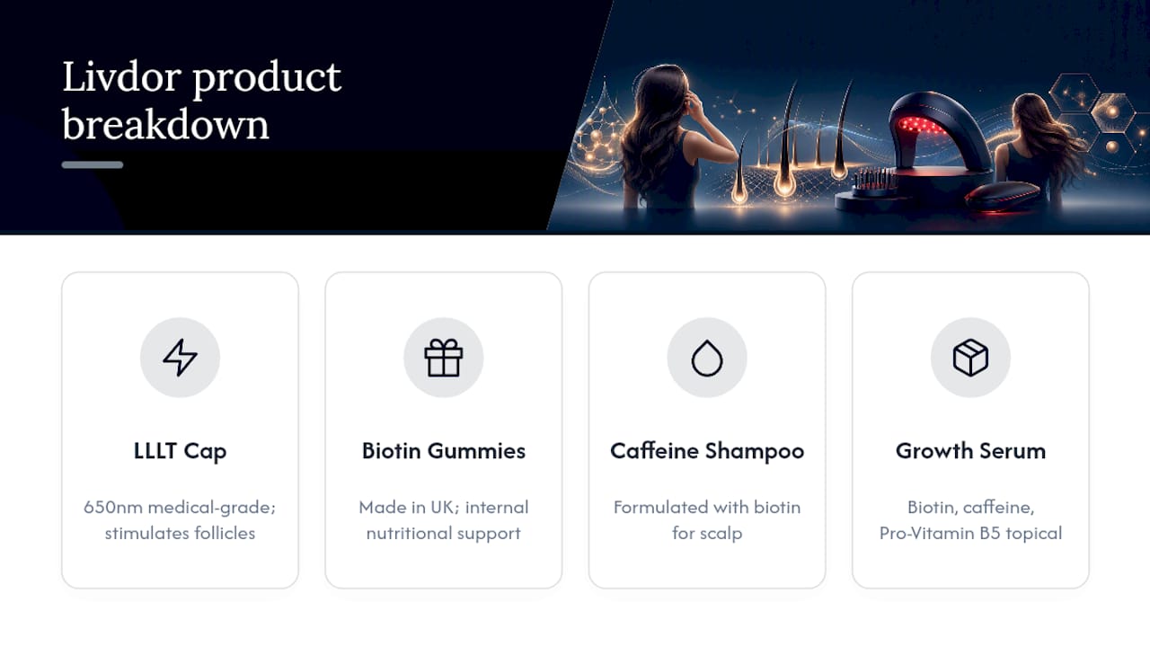 Livdor's approach to a drug-free hair growth routine — overview diagram