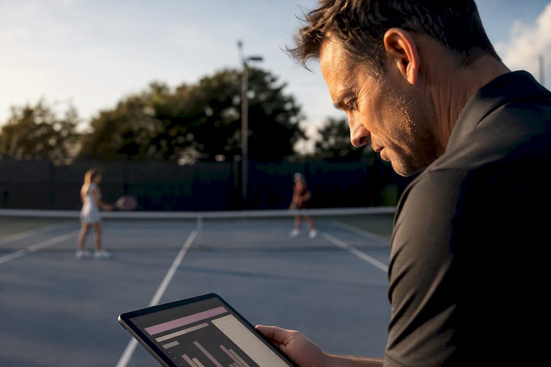 Coach reviewing player performance ratings courtside