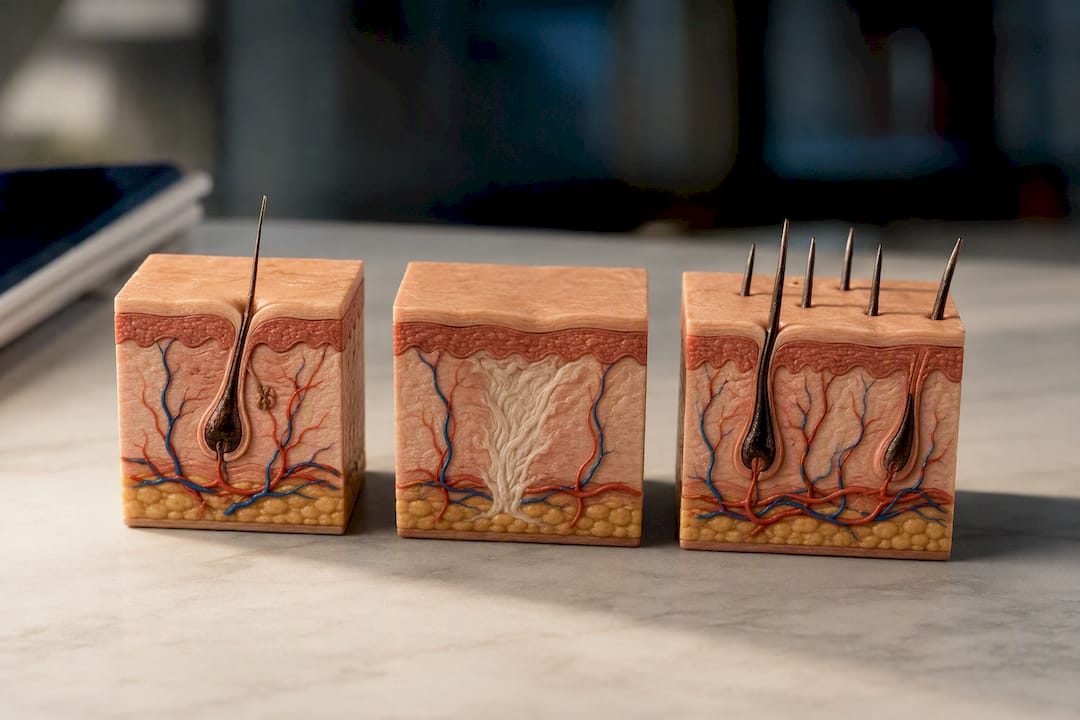 Illustration comparing three hair loss mechanisms