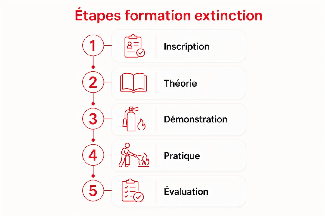 Schéma des différentes étapes de la formation à l’utilisation des extincteurs en entreprise