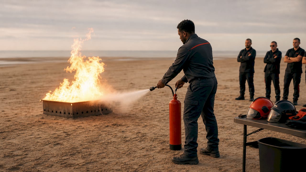 Mise en situation d’extinction d’incendie en extérieur avec manipulation d’extincteurs sur feu réel