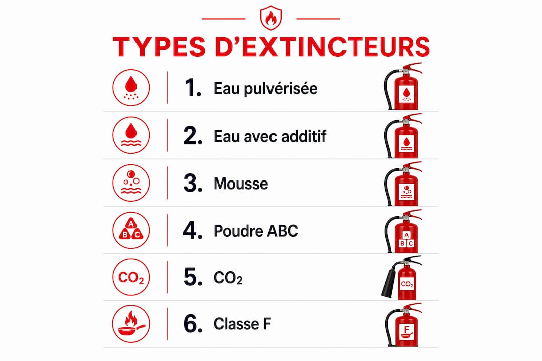 Présentation visuelle des différents types d’extincteurs, classés de haut en bas