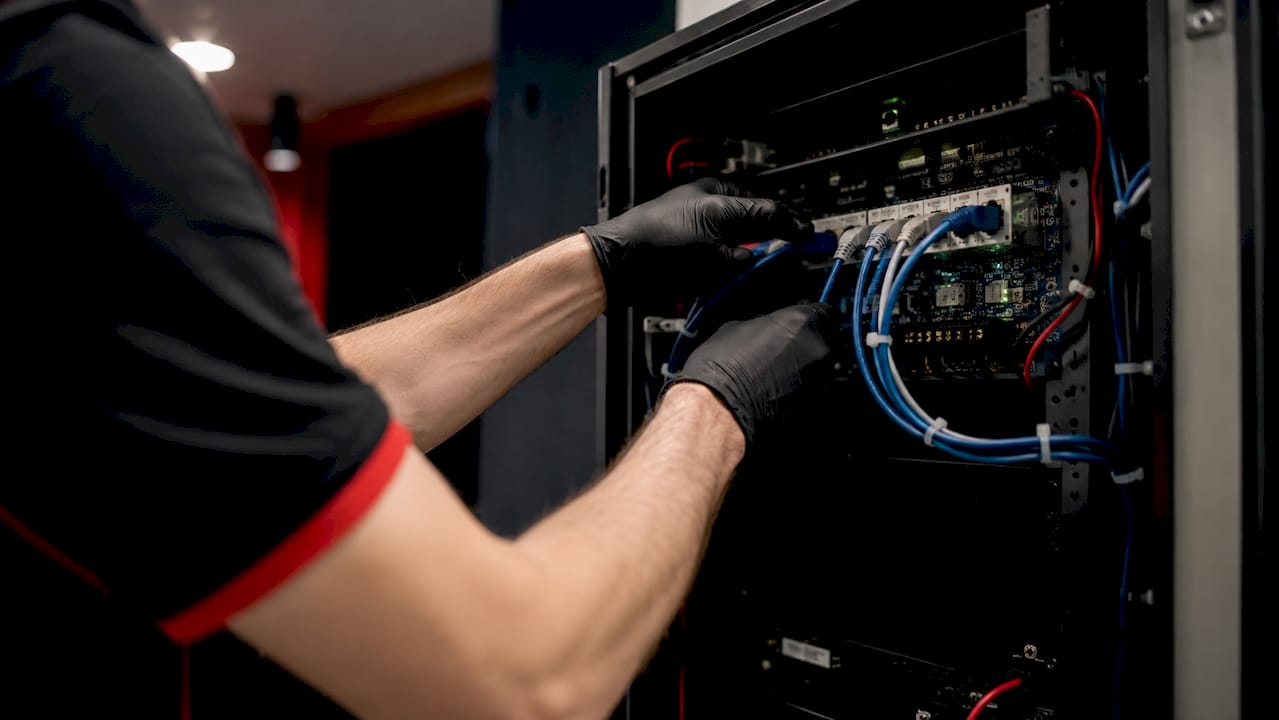 Un technicien en train d’installer le câblage d’un module de sécurité local