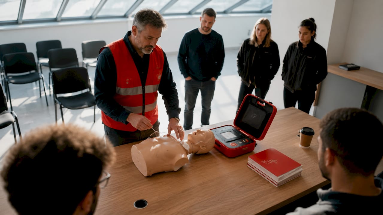 Un formateur montre comment utiliser un défibrillateur sur un mannequin lors d’un atelier de premiers secours.