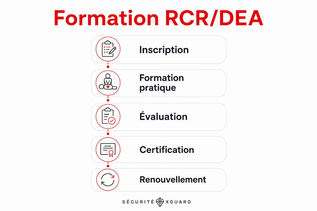 Infographie présentant les différentes étapes de la formation aux gestes de premiers secours et à l’utilisation d’un défibrillateur.