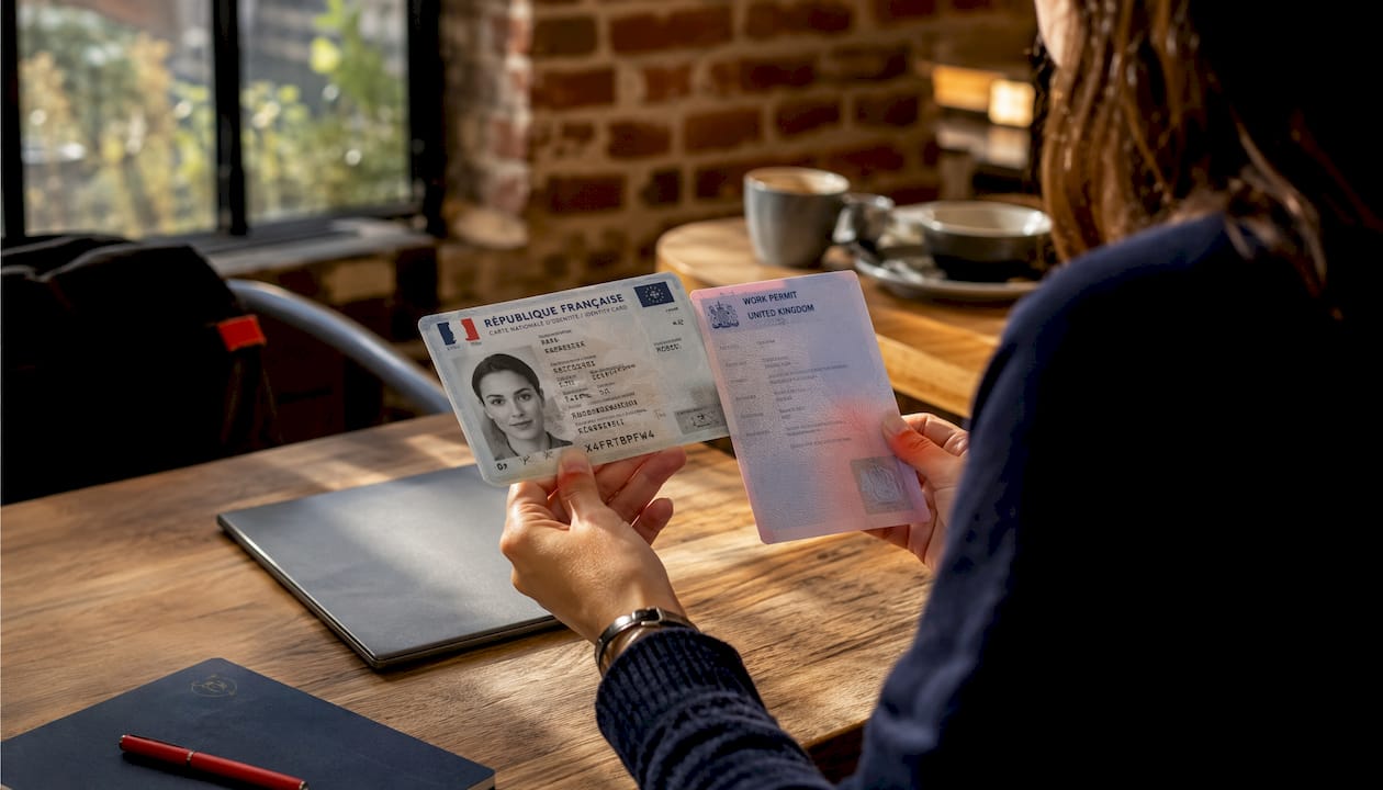 Des mains tiennent des papiers d'identité et des documents professionnels.