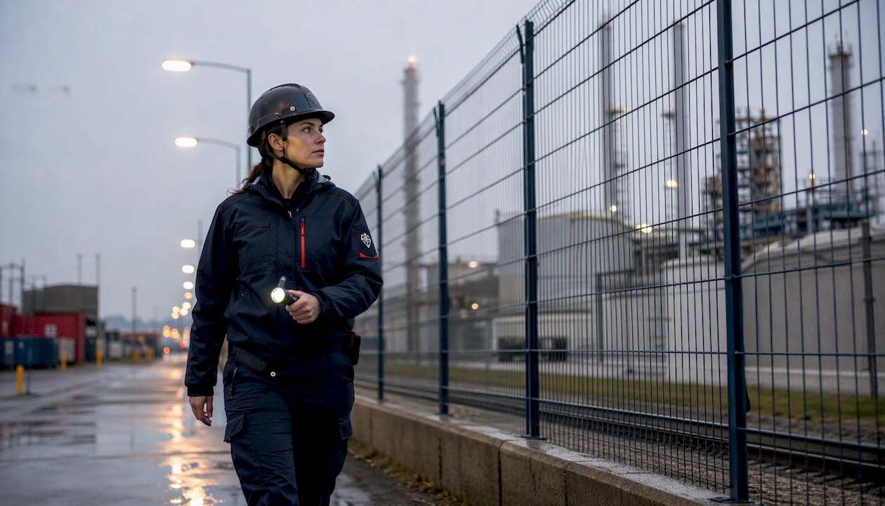 Une agente de sécurité effectue une ronde autour du site industriel.