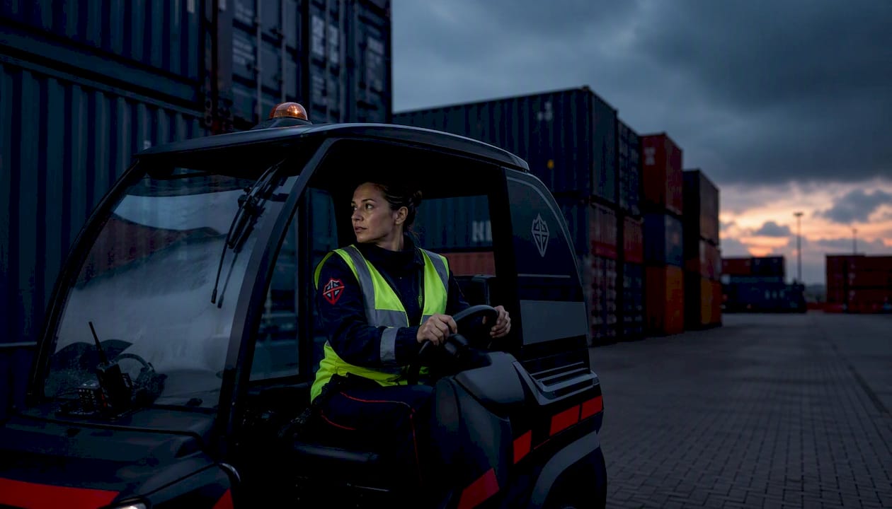 Une agente de sécurité effectue une ronde autour de l’entrepôt logistique.