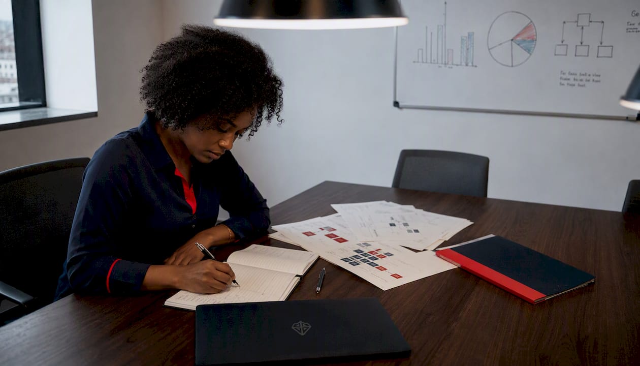 Collaboratrice en train de rédiger les procédures liées au DATI au sein du service administratif.